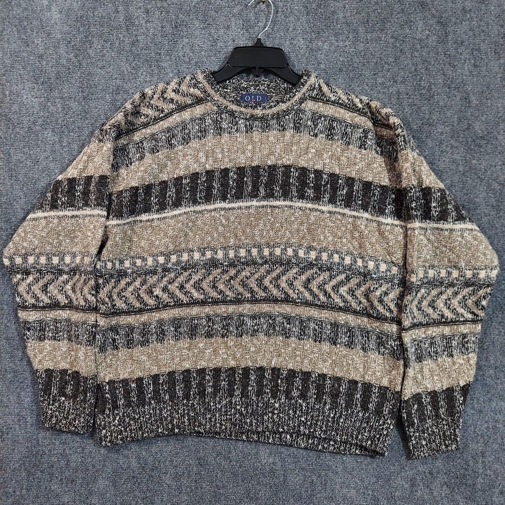 Old Glory Sweater Mens XL Beige Gray Black Wool Blend Knit Crewneck USA Pattern